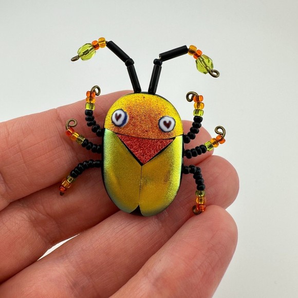 Multicolor Shimmery Dichroic Art Glass Beaded Scarab Bug Insect Brooch 1.5" OOAK - Picture 8 of 14